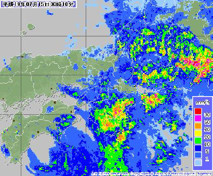 気象庁レーダー・降雨ナウキャスト 2007年7月15日午前0時10分